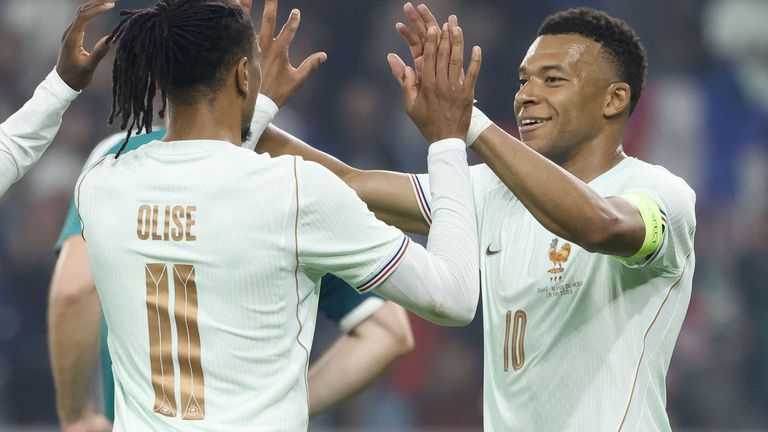 IPA85504282 - Michael Olise of France #11 celebrates his goal with Kylian Mbappe during the International Friendly football match between France and Northern Ireland on June 8, 2026 at Decathlon Arena Stade Pierre Mauroy in Villeneuve-d'Ascq near Lill
