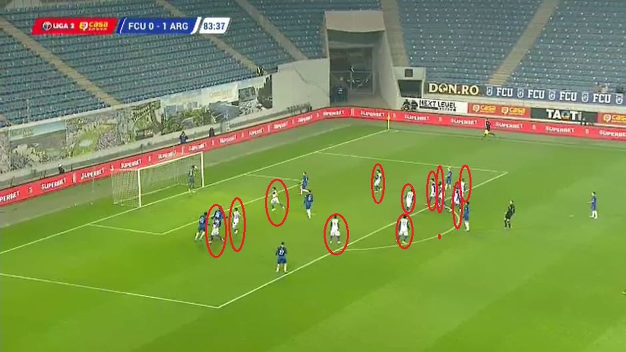 Momentul în care cei de la FC Argeș au jucat cu 11 jucători de câmp (încercuiți cu roșu) / Foto: captură Digi Sport