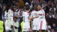 Spain: October 21, 2026, Santiago Bernabeu stadium, Madrid, Spain: Yan Diomande of Real Madrid celebrates his goal with Kylian