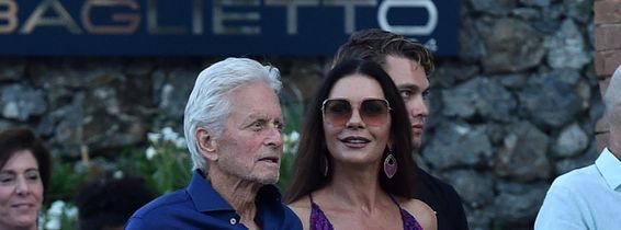 Catherine Zeta-Jones with her husband Michael Douglas and friends at the "Taverna del Marinaio" in Portofino