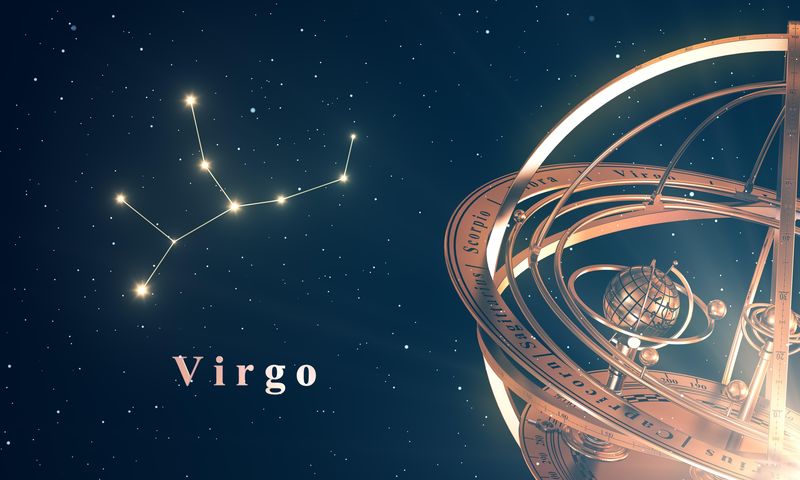 Zodiac Constellation Virgo And Armillary Sphere Over Blue Background