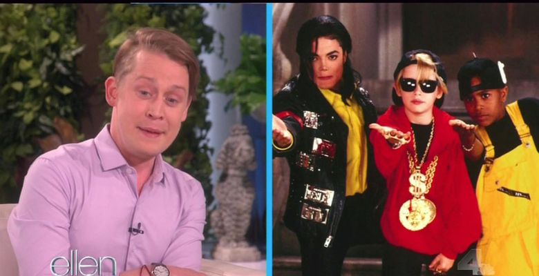 colaj cu macaulay culkin care se uita la o poza cu el si michael jackson