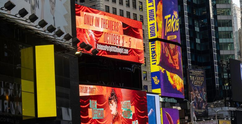 Electronic billboards in Times Square announce the official release party of Taylor Swift's new album "The Life of a Showgirl", 2025, New York City