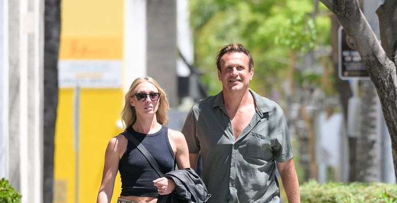 EXCLUSIVE: Newly engaged couple Jason Segel and Kayla Radomski are all smiles as they head to lunch in Beverly Hills