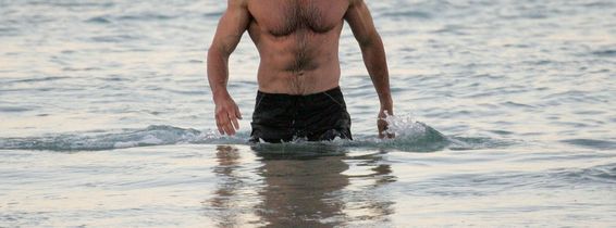 **RESTRICTIONS APPLY**Hugh Jackman takes an early morning swim on a brisk Winter's day at Bondi Beach