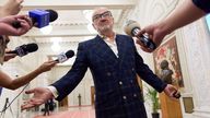 Bucharest, Romania. 22nd Jun, 2026: George Becali, the financier of the FCSB football team and deputy for Alliance for the Union of Romanians (AUR), answers journalists' questions before the confidence vote on the Adrian Vestea cabinet in the Romanian Pa