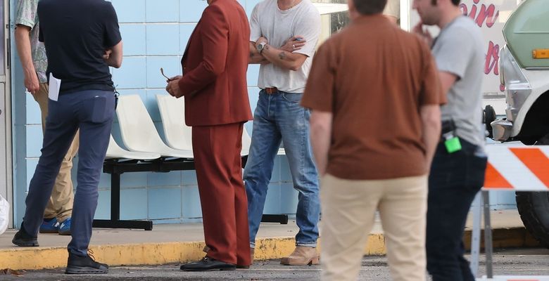 *EXCLUSIVE* Brad Pitt looks years younger with Javier Bardem on set of their upcoming F1 racing film "Apex" *Web Must Call For Pricing*