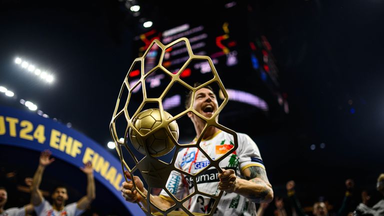 COLOGNE, GERMANY - 15 JUNE, 2025: Michael Damgaard Nielsen - The final match of TruckScout24 EHF FINAL4 Fuchse Berlin vs SC Magdeburg at Lanxess Arena