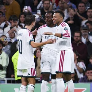 Spain: October 21, 2026, Santiago Bernabeu stadium, Madrid, Spain: Yan Diomande of Real Madrid celebrates his goal with Kylian