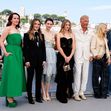 Jena Malone, Isabelle Fuhrman, Ella Hunt, Georgia MacPhail, Kevin Costner, Sienna Miller, Abbey Lee Kershaw and Wase Chief pose at the photo call of 'Horizon: An American Saga' during the 77th Cannes Film Festival at Palais des Festivals in Cannes, France