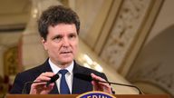 Bucharest, Romania. 22nd Apr, 2026: Nicusor Dan, President of Romania, makes press statements after consultations with the ruling parties following the Social Democratic Party (PSD) withdrawal of political support for Prime Minister Ilie Bolojan. Credit:
