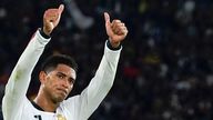 Jude Bellingham of Real Madrid greets the fans at the end of the UEFA Champions League 2026/2027 football match between AS Roma and Real Madrid at Stadio Olimpico in Rome (Italy), October 14, 2026.