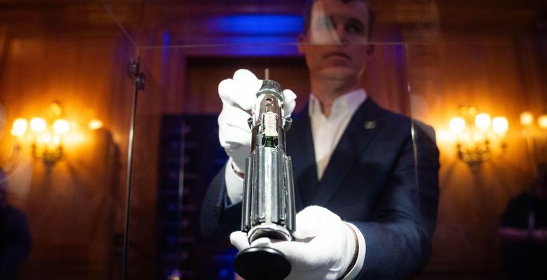 Darth Vader's hero duelling lightsaber (estimate £746,270 - £2,238,800) on display at The Dorcester in London ahead of an auction in Los Angeles in September 2025. Picture date: Wednesday August 6, 2025.