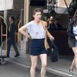 EXCLUSIVE: Mila Jovovich shows of an interesting new hairstyle as she arrives at the Four Seasons
