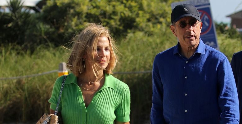 Comedian Jerry Seinfeld and wife Jessica are seen leaving a JP Morgan event as they speed off in a blue Porsche in Miami