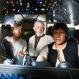 STAR WARS EPISODE IV - A NEW HOPE 1977 20th Century Fox sci-fi film with from left: Peter Mayhew ( Chewbacca), Mark Hamill(Luke Skywalker), Alec Guinness  (Obi-Wan Kenobi), Harrison Ford (han Solo)