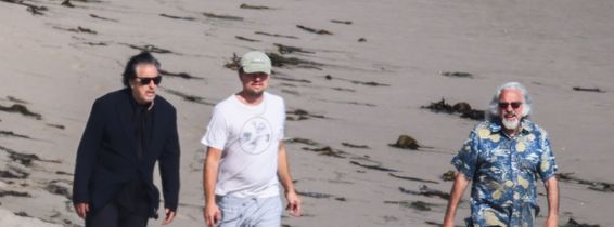 *EXCLUSIVE* Leonardo DiCaprio gets BEHIND the camera to snap pics of his dad and Al Pacino while out for a walk on the beach in Malibu - ** WEB MUST CALL FOR PRICING **
